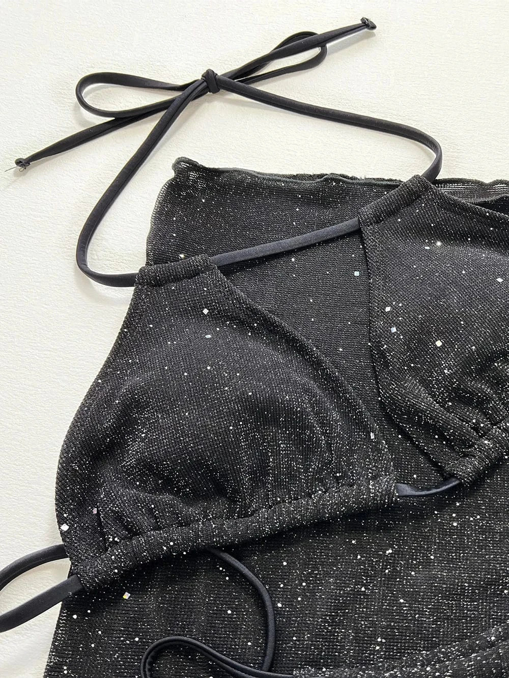 2024 Summer Black Shiny Three Pieces Halter Bikini Set With Mesh Skirt Swimsuit Women Push Up Swimwear Bathing Suits Biquini