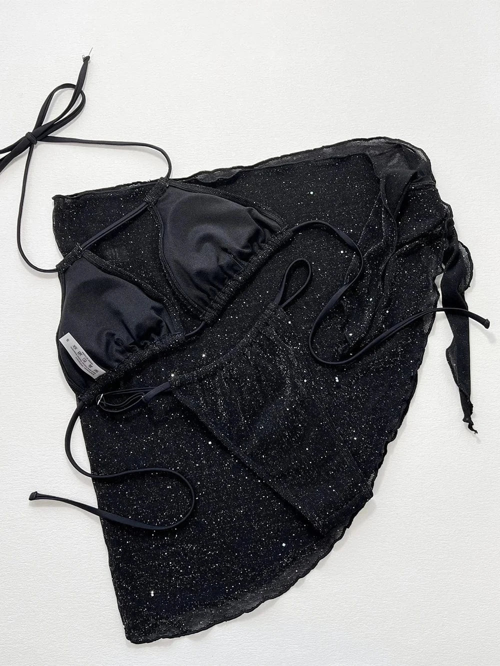 2024 Summer Black Shiny Three Pieces Halter Bikini Set With Mesh Skirt Swimsuit Women Push Up Swimwear Bathing Suits Biquini