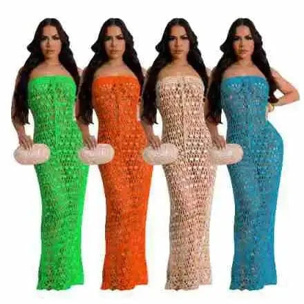 2024 summer boutique trendy popular S-2XL sleeveless maxi beachwear knitted women's dresses