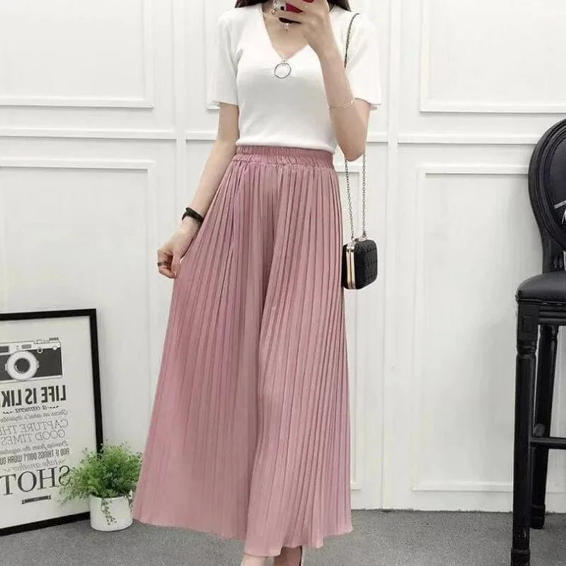 2024 Summer Chiffon Pants for Women Culottes Ruffles Pleated High Waist cropped Pant Loose Wide Leg Pants