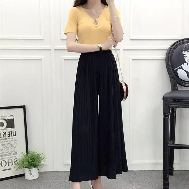 2024 Summer Chiffon Pants for Women Culottes Ruffles Pleated High Waist cropped Pant Loose Wide Leg Pants