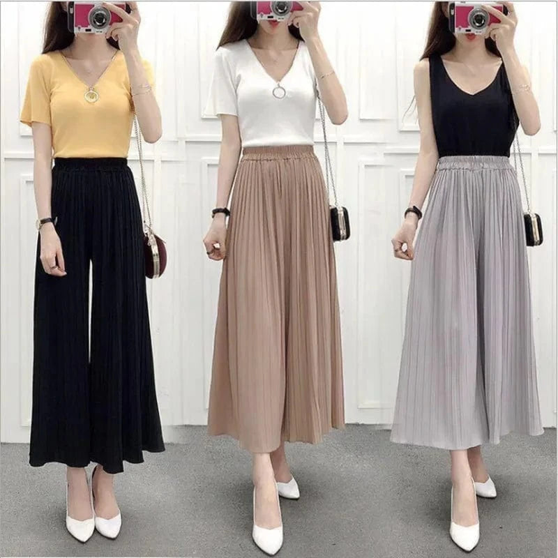 2024 Summer Chiffon Pants for Women Culottes Ruffles Pleated High Waist cropped Pant Loose Wide Leg Pants