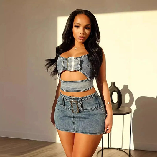 2024 Summer Clothing Denim Two Piece Set Tube Top and Mini Skirt Belted Sexy Two Piece Jean Denim Skirt Set for Women