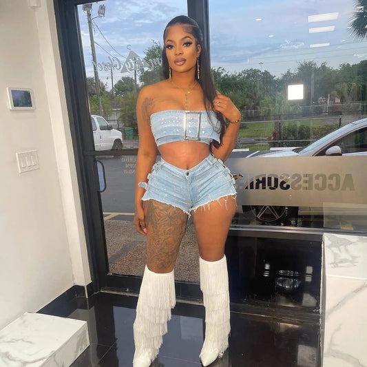 2024 summer clothing new design S-XL denim jeans diamond belt two piece shorts set