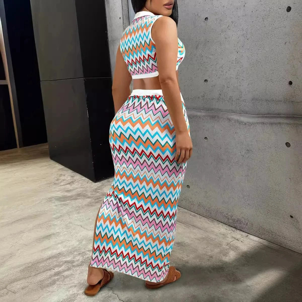 2024 Summer Crop V Neck Top Sexy Maxi Skirt Elastic Split Women Fashion Colorful 2 Piece Skirt Set