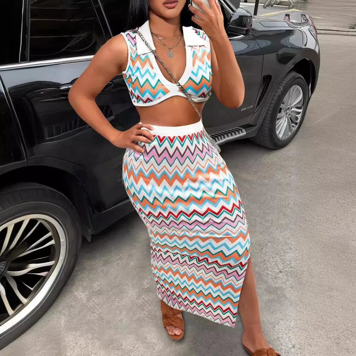 2024 Summer Crop V Neck Top Sexy Maxi Skirt Elastic Split Women Fashion Colorful 2 Piece Skirt Set