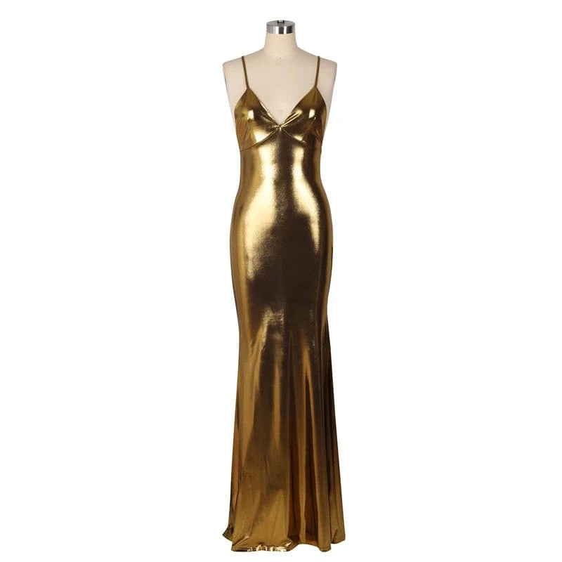 2024 summer custom women knit gold silver sexy bandage shiny metallic fabric clubwear nightclub backless maxi long evening dress