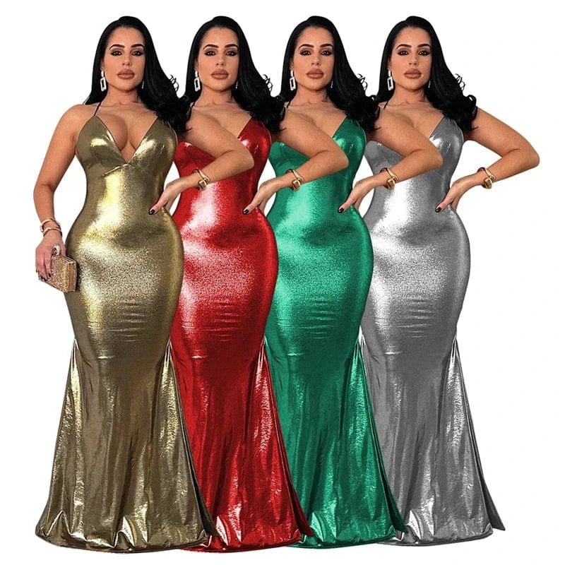 2024 summer custom women knit gold silver sexy bandage shiny metallic fabric clubwear nightclub backless maxi long evening dress