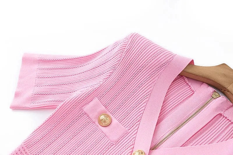 2024 Summer Delicacy Pink Quality Short Sleeve Sexy V-neck Boydcon Stretchy Casual Women Knit Solid Mini Dress