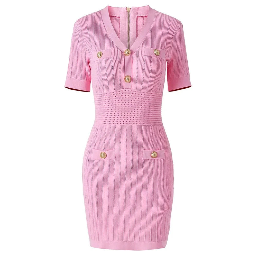 2024 Summer Delicacy Pink Quality Short Sleeve Sexy V-neck Boydcon Stretchy Casual Women Knit Solid Mini Dress