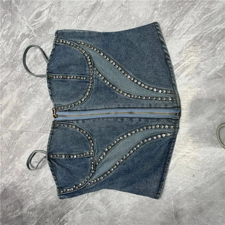2024 Summer Denim Vest For Women Cropped Top Rhinestones Camisole Female Tank Tops