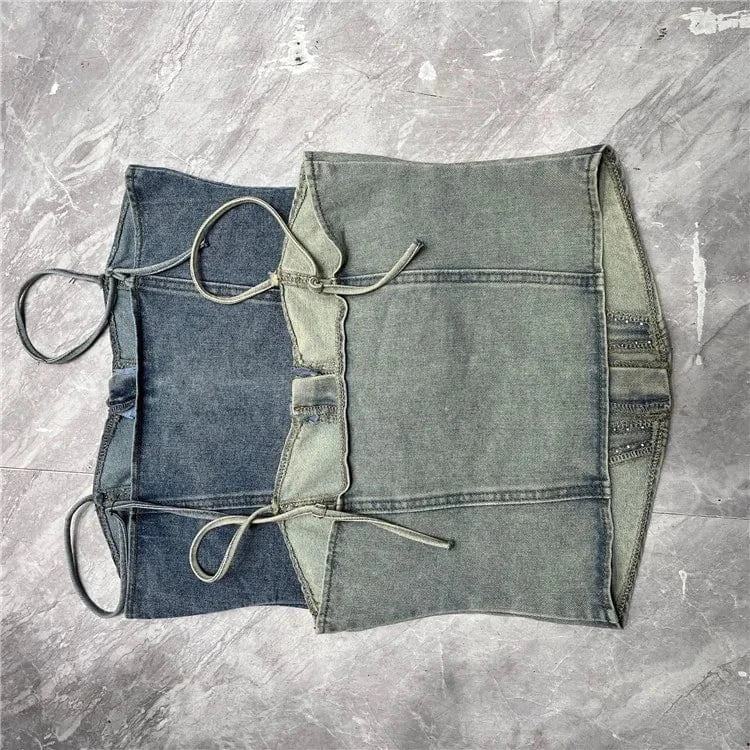 2024 Summer Denim Vest For Women Cropped Top Rhinestones Camisole Female Tank Tops