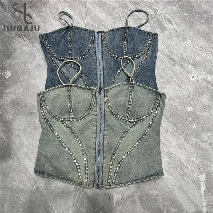 2024 Summer Denim Vest For Women Cropped Top Rhinestones Camisole Female Tank Tops