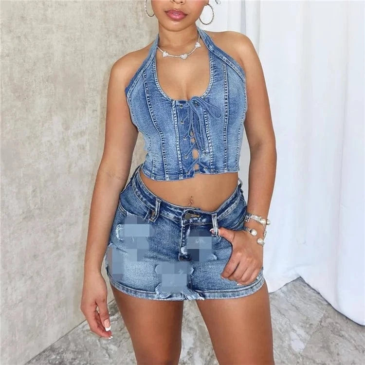 2024 Summer Denim Women's Set Sleeveless Halter Tops and Bodycon Mini Skirts Suit Two 2 Piece Sets