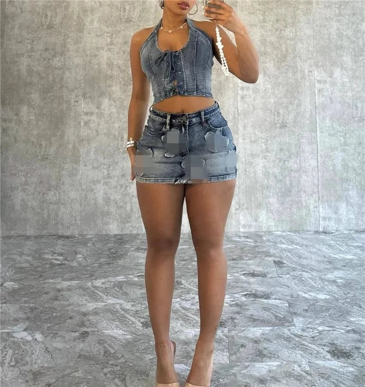 2024 Summer Denim Women's Set Sleeveless Halter Tops and Bodycon Mini Skirts Suit Two 2 Piece Sets
