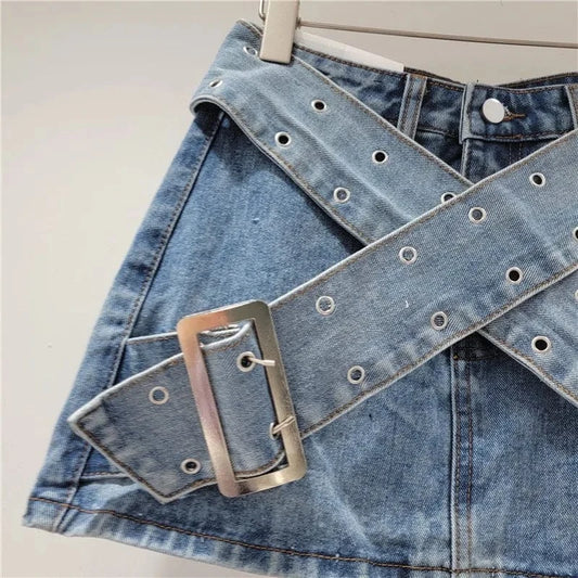 2024 Summer Denim Women's Skirt Cross Wide Waistband A-Line Spicy Girl Short Skirt Women's Bag Hip Skirt