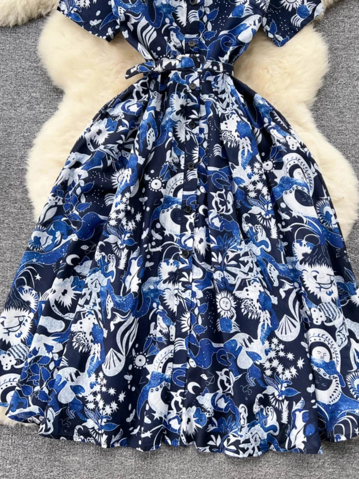 2024 Summer Dress Short Sleeve Belt Waist Vintage Print Women Dress