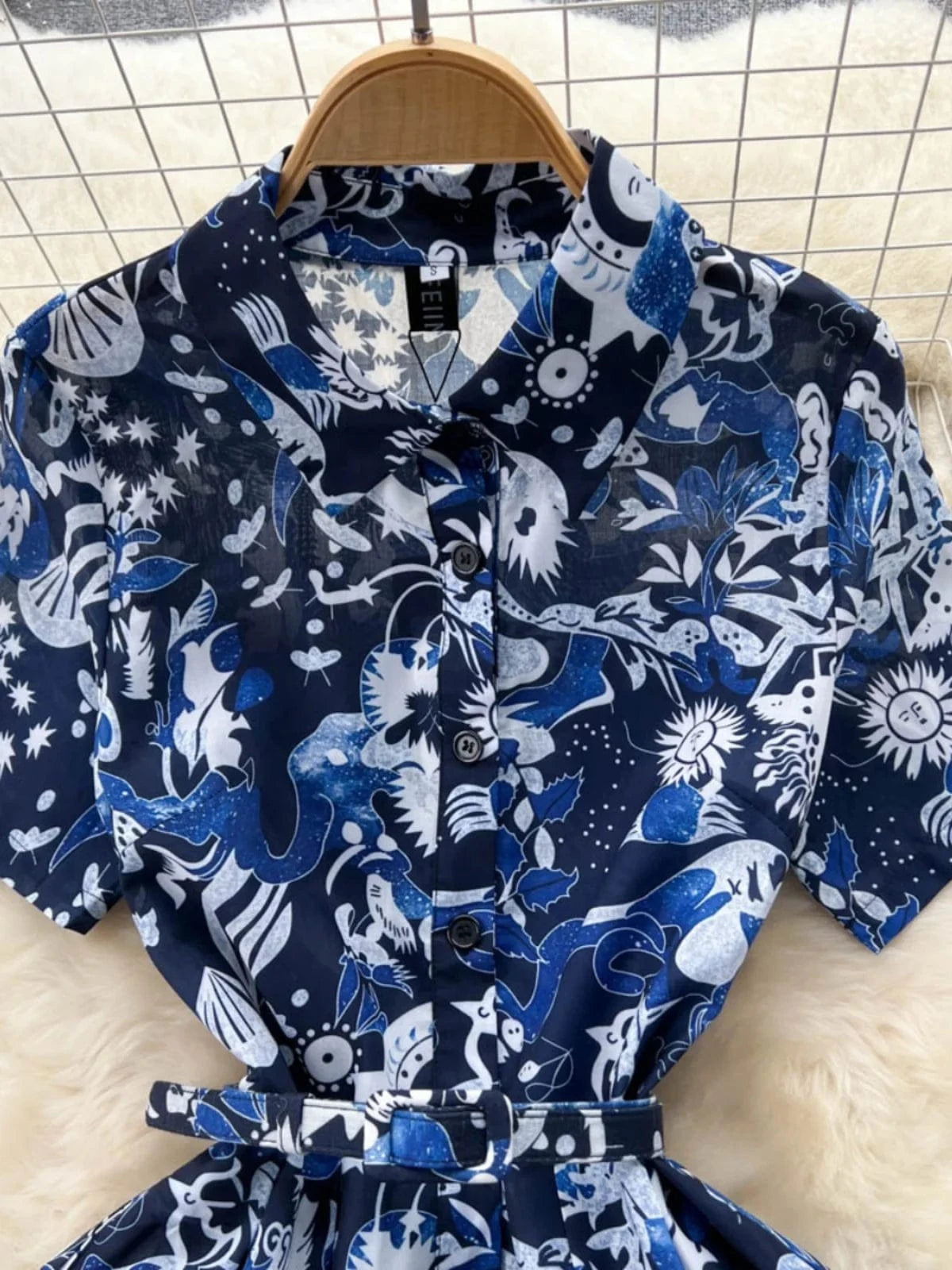 2024 Summer Dress Short Sleeve Belt Waist Vintage Print Women Dress