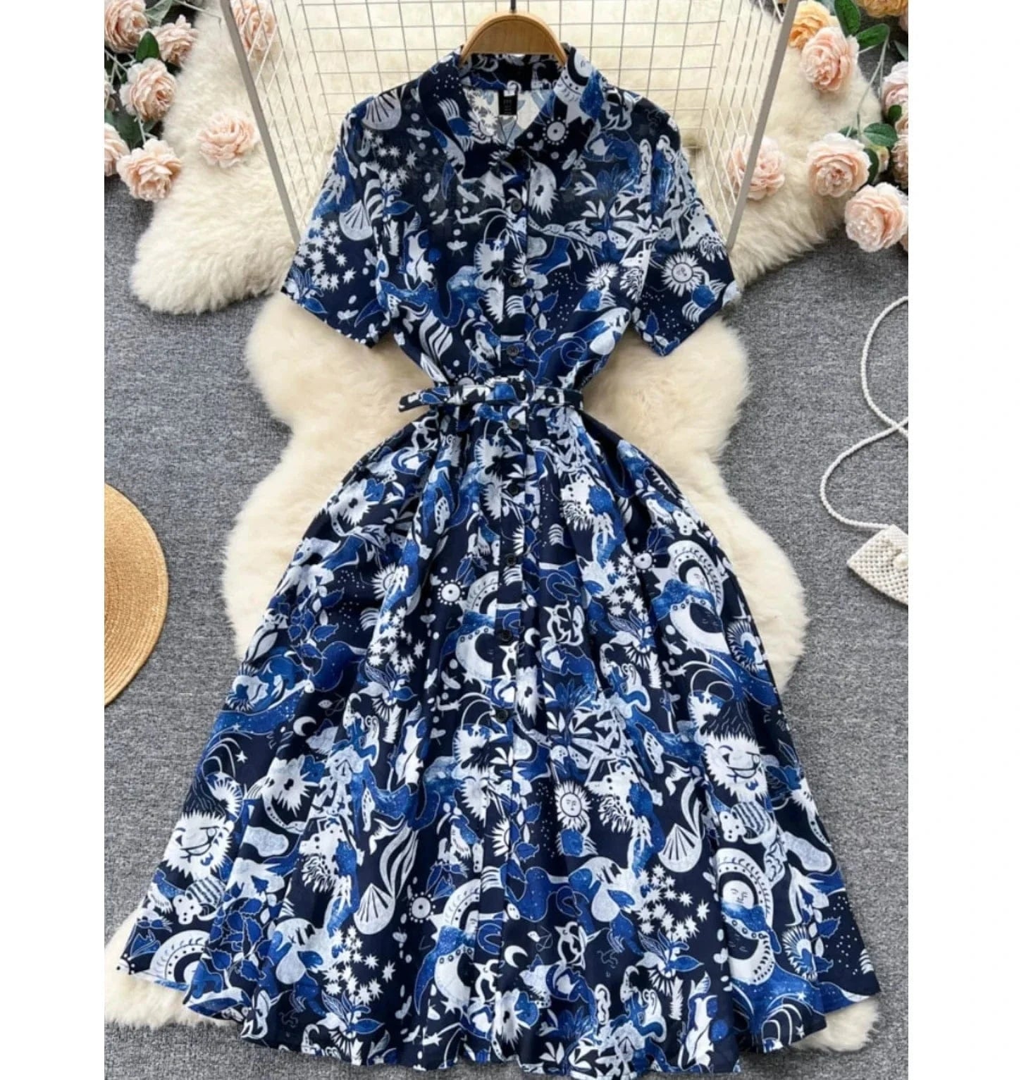 2024 Summer Dress Short Sleeve Belt Waist Vintage Print Women Dress
