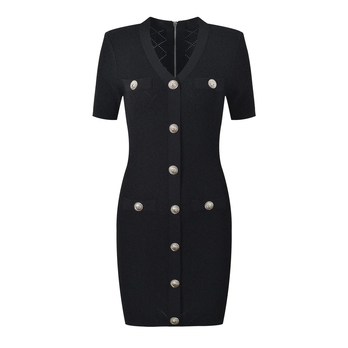 2024 Summer Elegant Style Quality Short Sleeve Sexy V-neck Boydcon Stretchy Casual Women Knit Solid Mini Dress