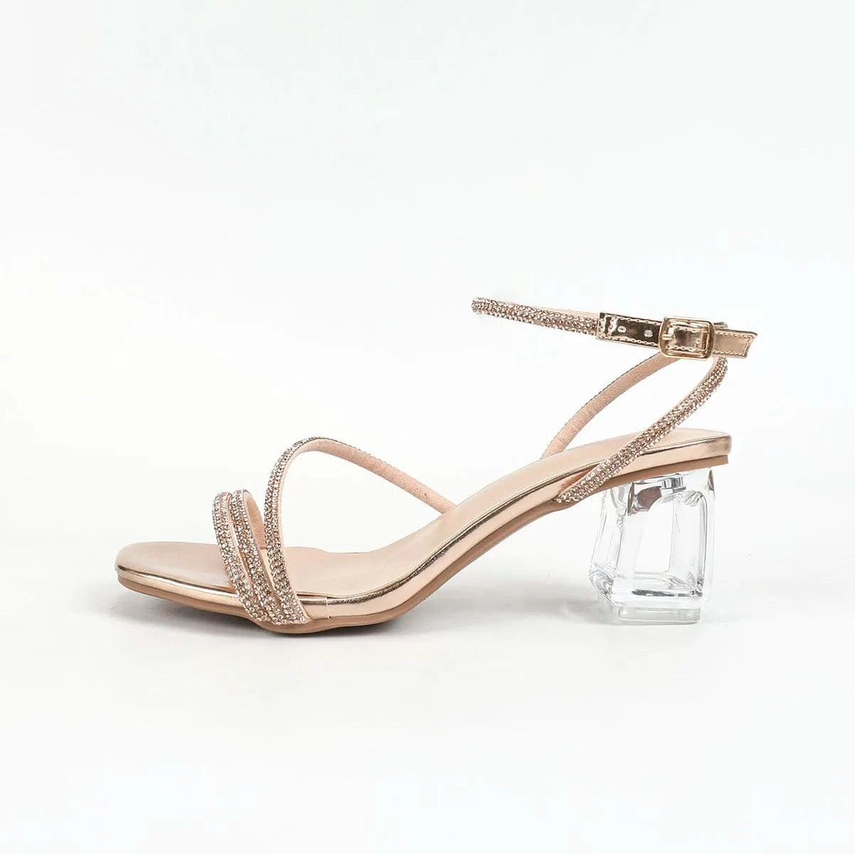 2024 summer fashion champagne diamond buckle crystal heel thick heel sandals Women's Party sandals