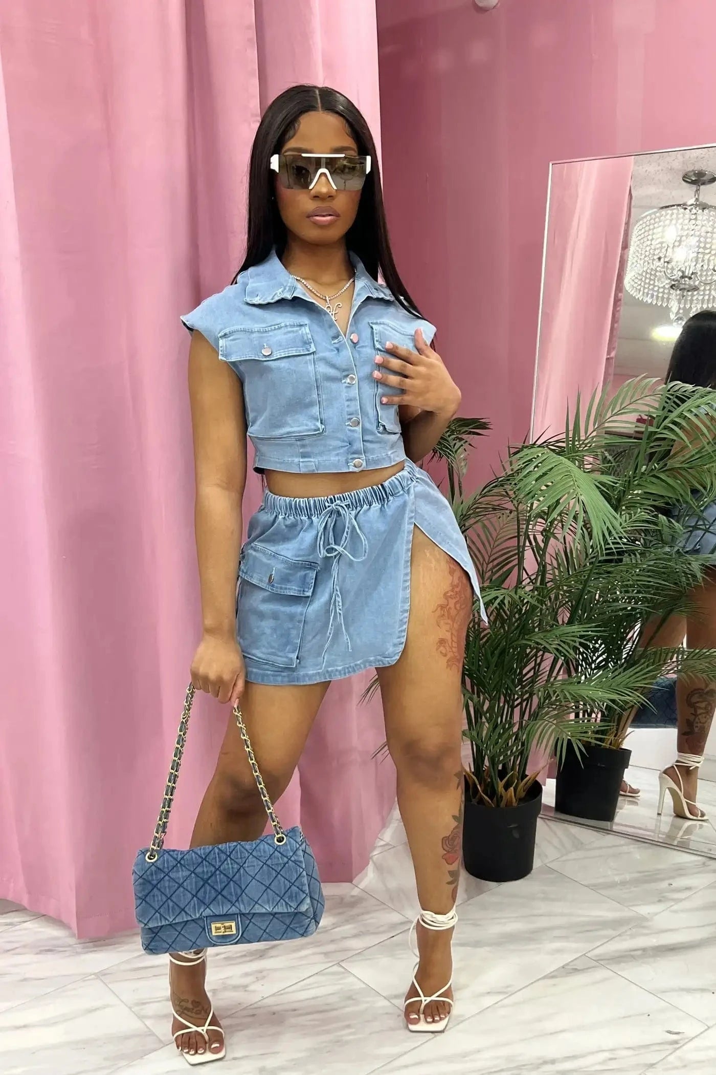 2024 summer fashion denim collection sexy girls short top and skirt set 2piece cargo