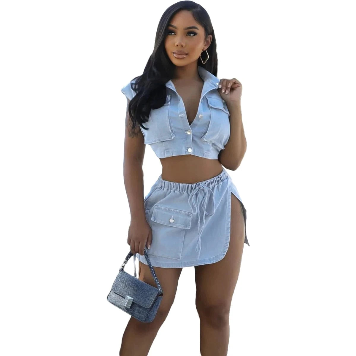 2024 summer fashion denim collection sexy girls short top and skirt set 2piece cargo