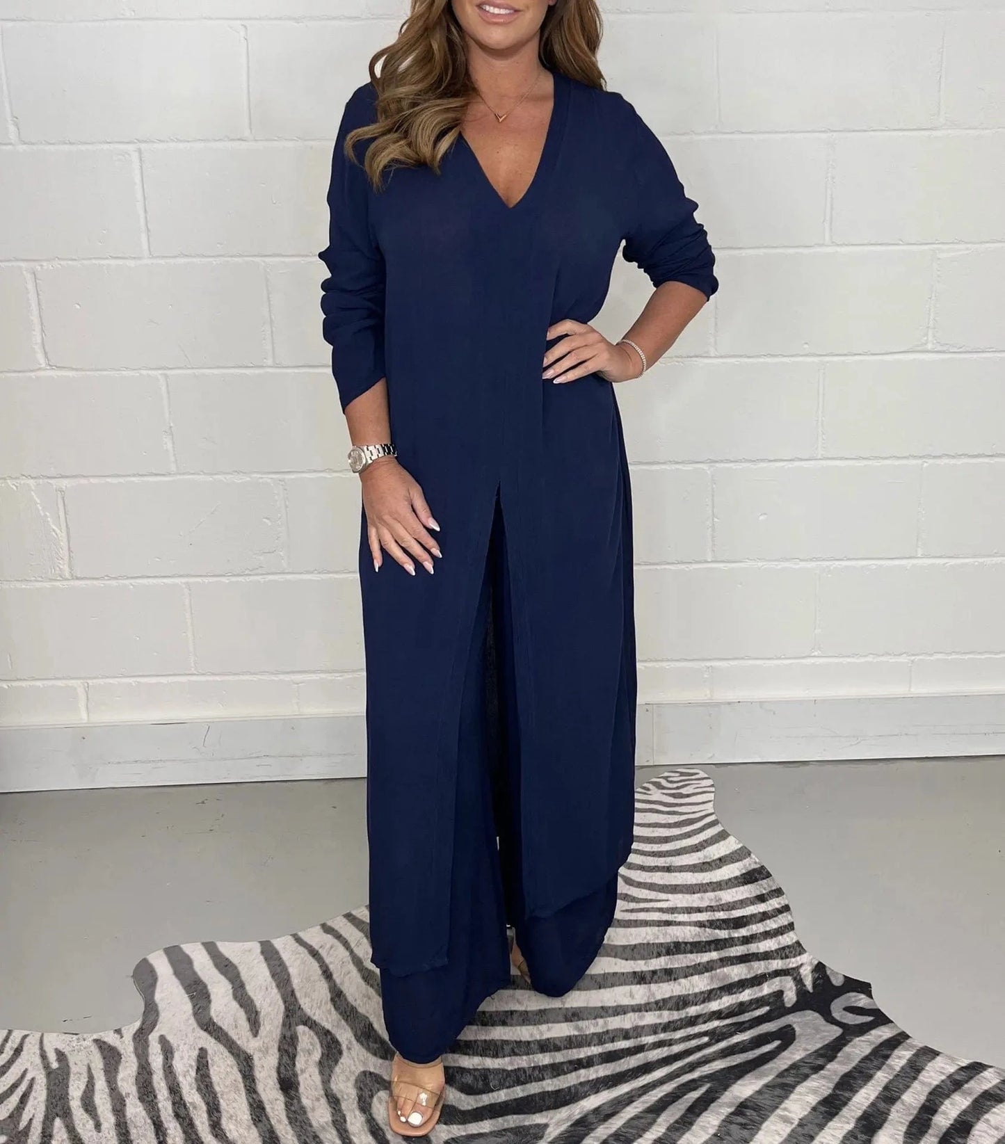 2024 Summer Fashion New Women's Set Split Long Top Casual Wide Leg Pants Two Piece Set Elegant Large Size Loose Fitting Set