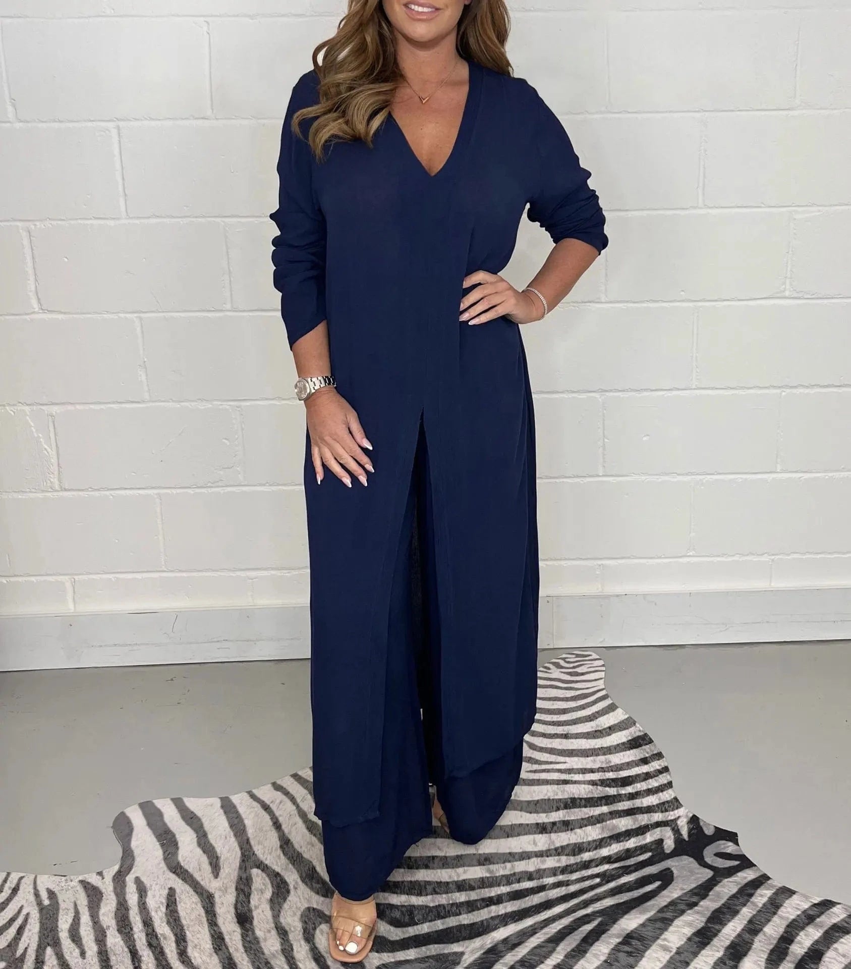 2024 Summer Fashion New Women's Set Split Long Top Casual Wide Leg Pants Two Piece Set Elegant Large Size Loose Fitting Set