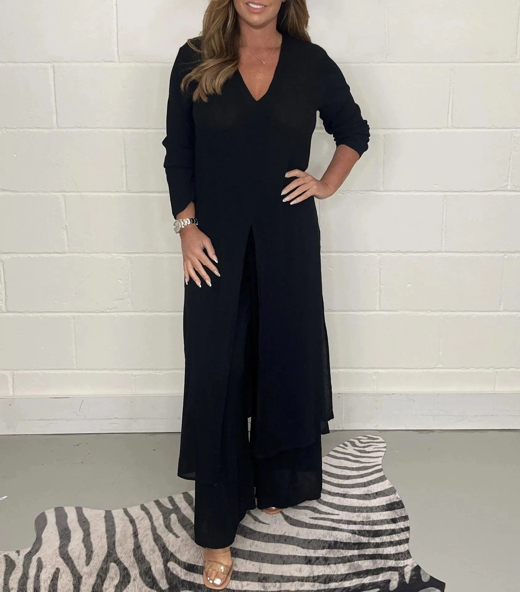 2024 Summer Fashion New Women's Set Split Long Top Casual Wide Leg Pants Two Piece Set Elegant Large Size Loose Fitting Set