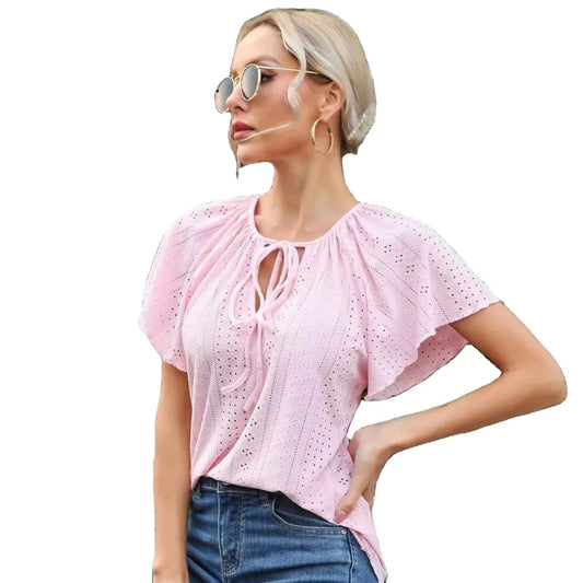 2024 Summer Fashionable Women Shirts Solid Color Women's  Hollow Jacquard Ruffle Edge Raglan Sleeve Lace Short Sleeve Shirt