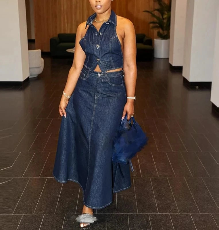 2024 Summer Fashions female clothes Denim 2 Piece Sets Women Sexy Halter Backless Crop Tops + Maxi Skirt Sets Women denim set