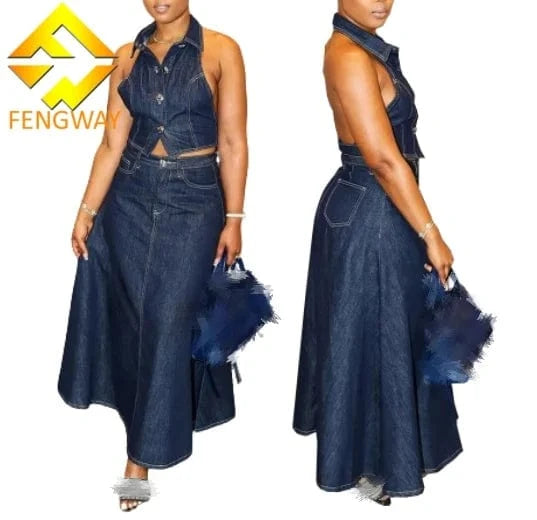 2024 Summer Fashions female clothes Denim 2 Piece Sets Women Sexy Halter Backless Crop Tops + Maxi Skirt Sets Women denim set