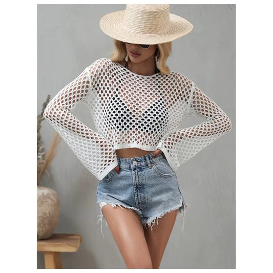 2024 Summer Holiday Beach Swim Cover Up Round Neck Hollow Out Beach Crochet Bathing Suits For Women Knit Swimsuit Coverup