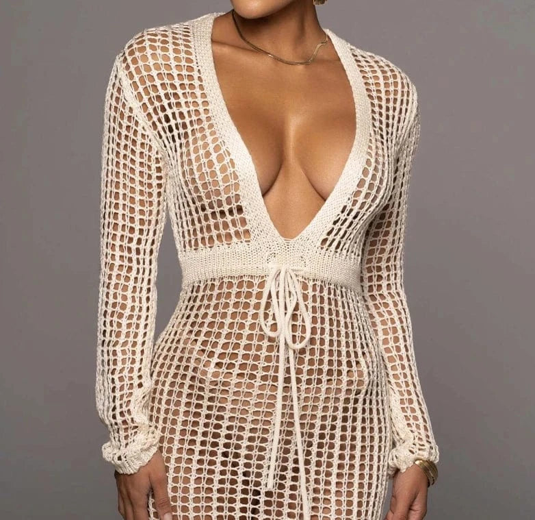 2024 Summer Hollow Out Crochet Dress Deep V-Neck Women's Swimwear Sexy See Through Bikinis Cover Up Swimsuits