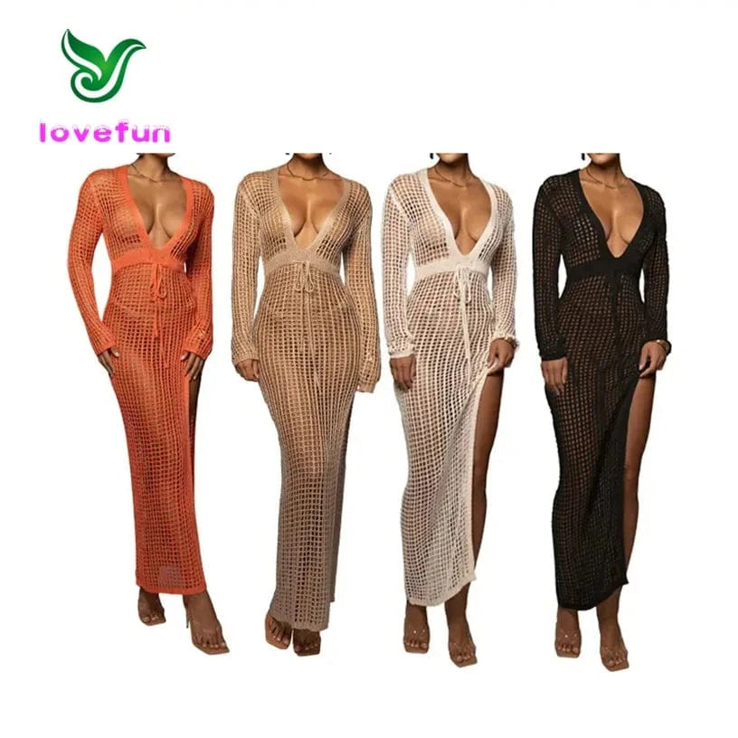 2024 Summer Hollow Out Crochet Dress Deep V-Neck Women's Swimwear Sexy See Through Bikinis Cover Up Swimsuits