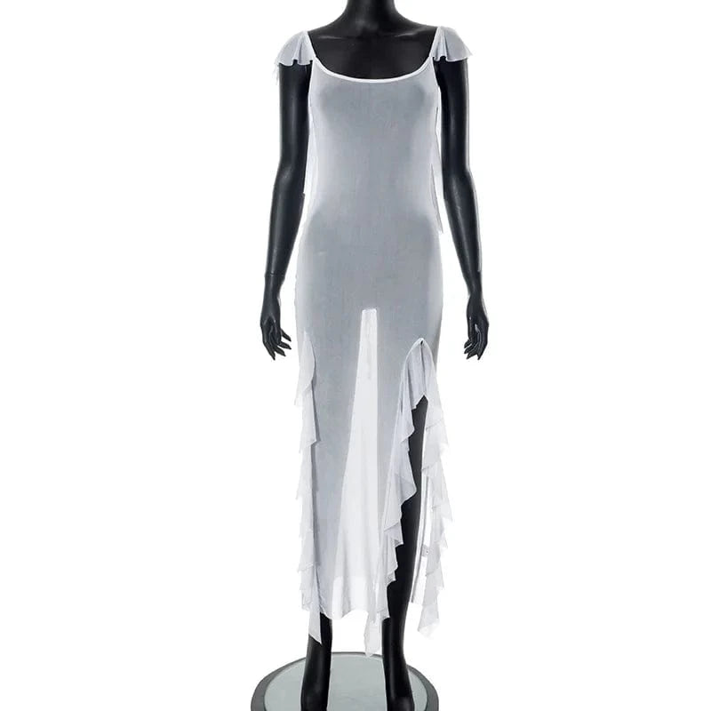 2024 Summer Long Dress Women Backless Sexy High Quality Street Aesthetic Chic Transparent Sling casual Dresses