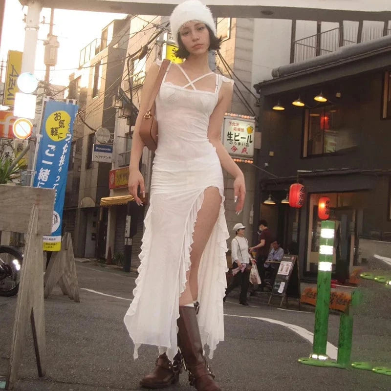 2024 Summer Long Dress Women Backless Sexy High Quality Street Aesthetic Chic Transparent Sling casual Dresses