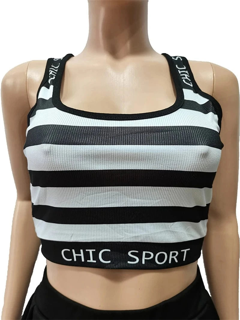 2024 summer luxury high quality women ladies y2k stripe wide strap tank top vest and mini skirt two 2 piece set outfit for women