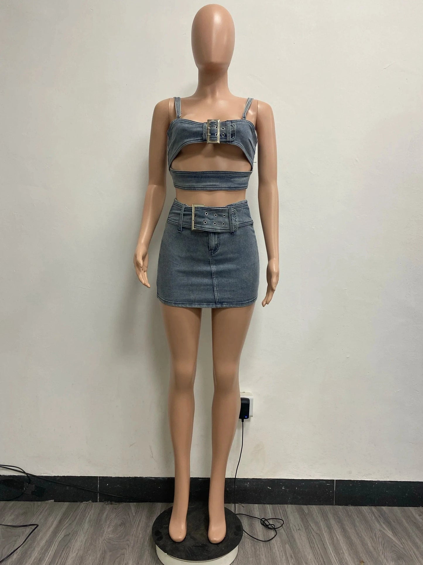 2024 summer new arrivals S-2XL sleeveless denim jeans 2 piece skirt and top set for women