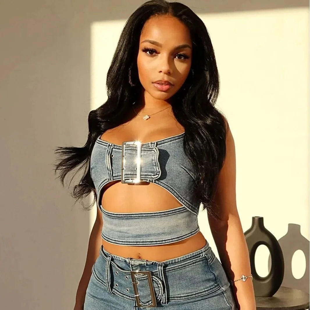 2024 summer new arrivals S-2XL sleeveless denim jeans 2 piece skirt and top set for women