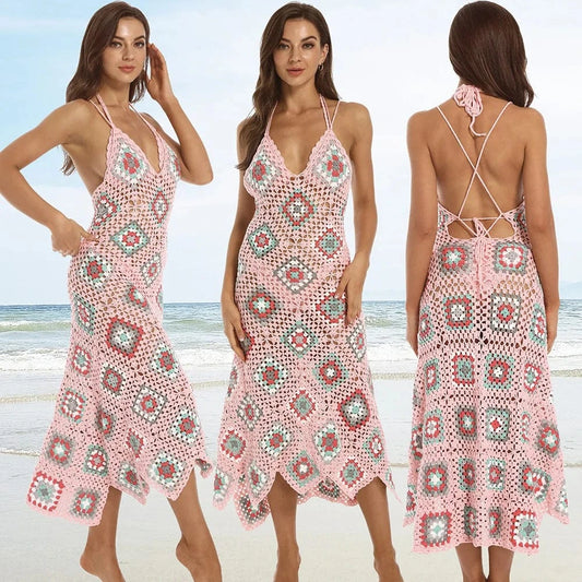 2024 summer new arrivals XS-L sleeveless maxi crochet beachwear knitted women's dresses