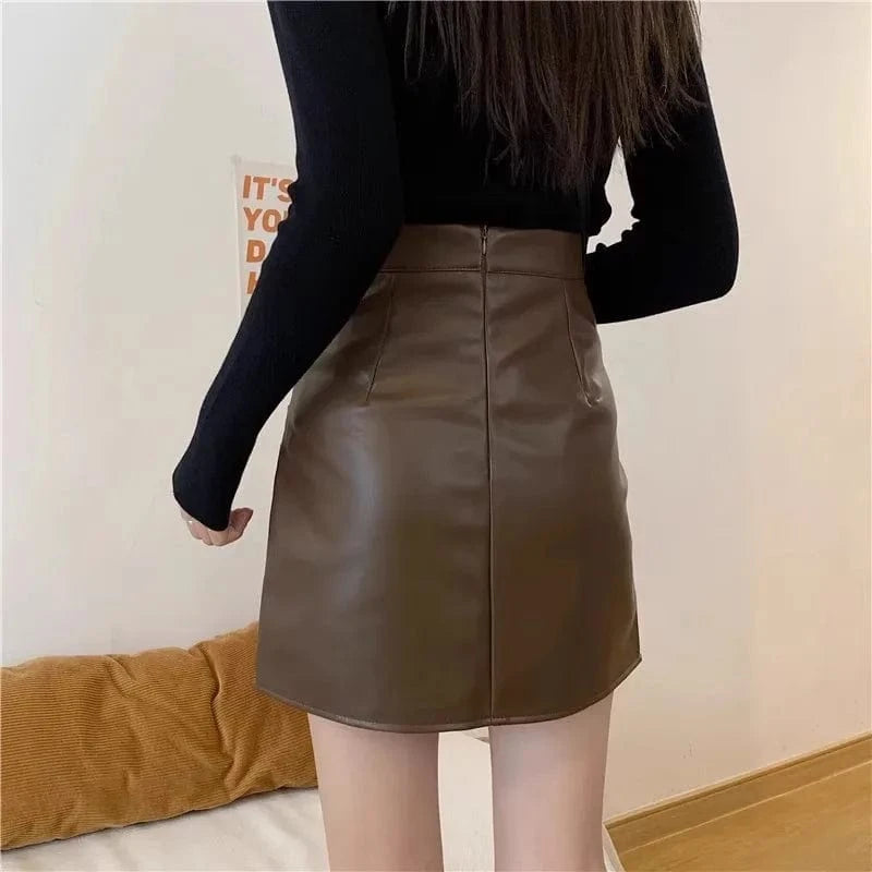 2024 Summer New Black PU Leather Skirt Women High Waist Pleated Anti-skid Half Skirts Pencil Hip Black Korean A-line Short Skirt