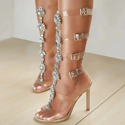 2024 summer new European and American thin belt sexy open toe diamond high heels thin heel transparent button sandals