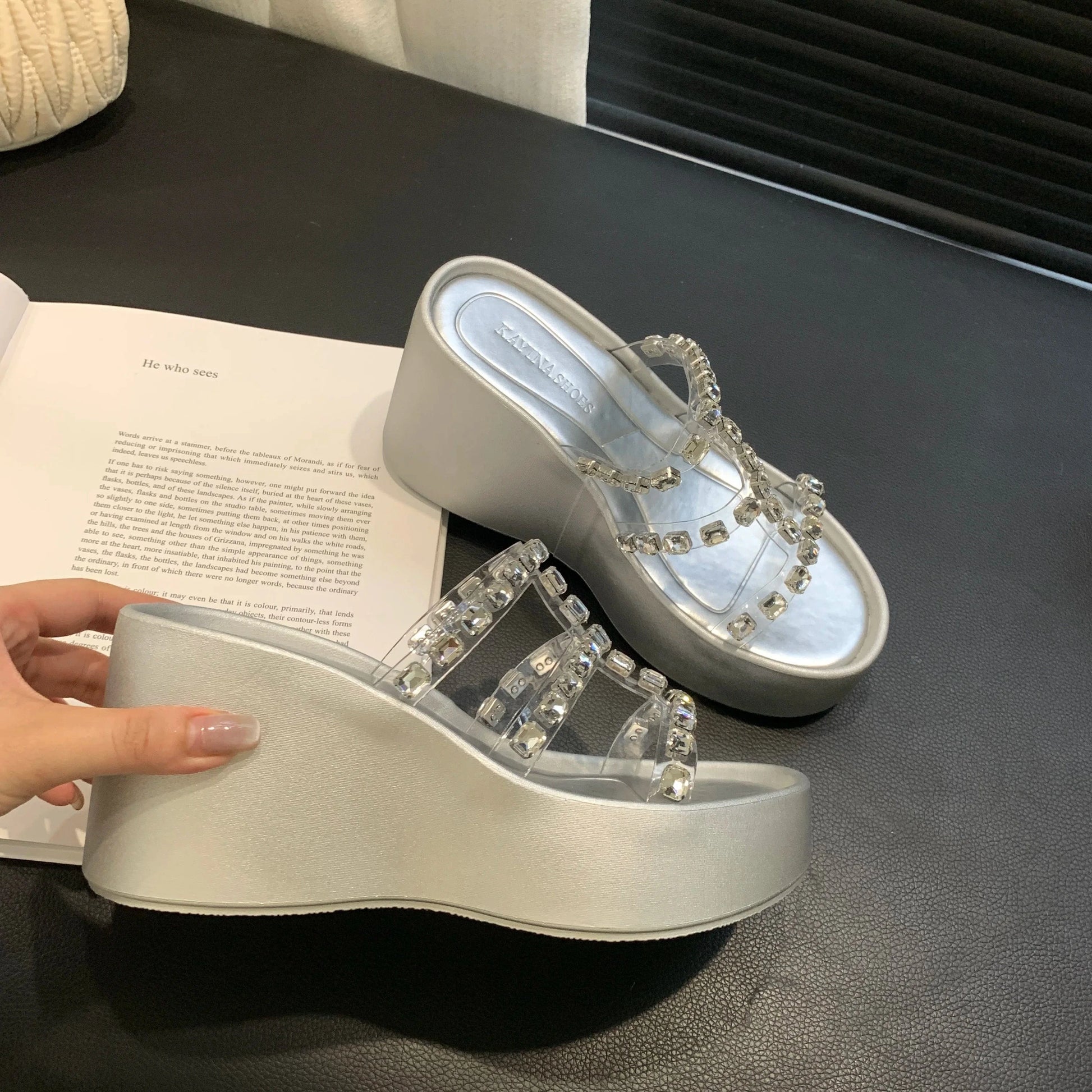 2024 Summer new fashion all-match outdoor wedge thick bottom rhinestone sandals pu women's shoes