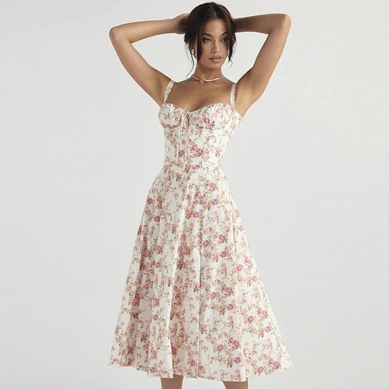 2024 Summer New Fashion Spaghetti Strap Dress Women Floral Printed Lace-up Sexy Beach Boho Dresses Ladies Casual French Party