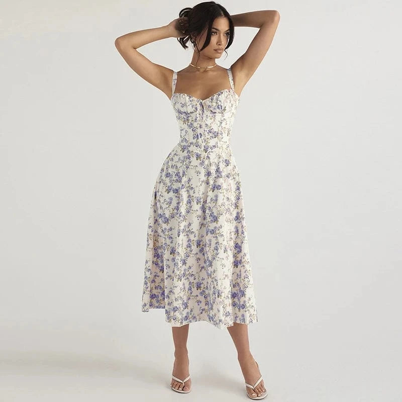 2024 Summer New Fashion Spaghetti Strap Dress Women Floral Printed Lace-up Sexy Beach Boho Dresses Ladies Casual French Party