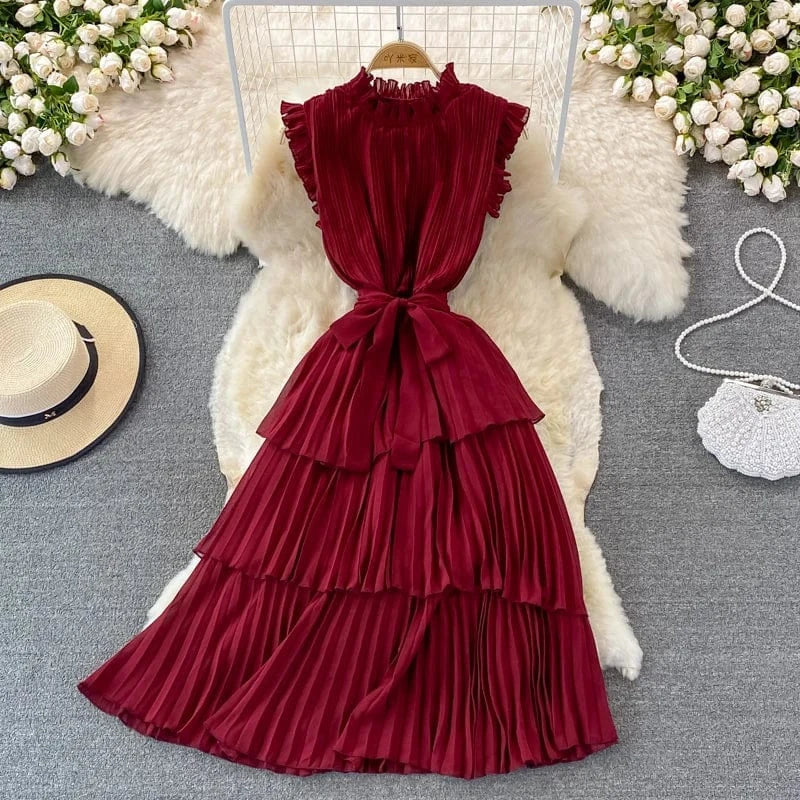2024 summer new Korean style dress temperament slim mid-length cake dress solid color stand collar pleated dress