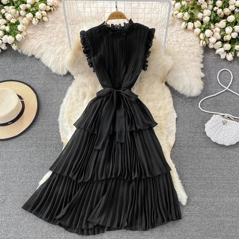 2024 summer new Korean style dress temperament slim mid-length cake dress solid color stand collar pleated dress