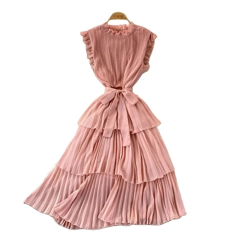 2024 summer new Korean style dress temperament slim mid-length cake dress solid color stand collar pleated dress